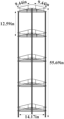HuggieGems 5 Tier Floor Standing Corner Shower Caddy Organizer Shelf with Hooks, Bathroom Shelves Stand Rack, Black