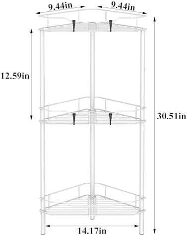 HuggieGems Metal Floor Standing Corner Shower Caddy, White, 3 Tier