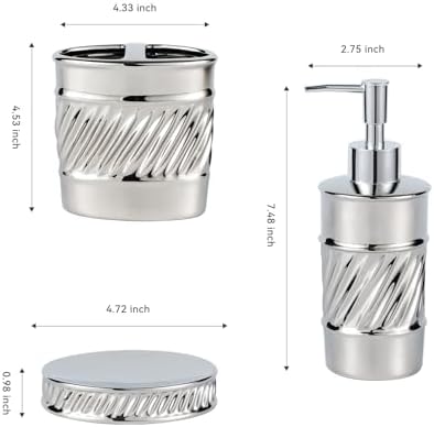 3-Piece Ceramic Bathroom Accessories Set - Soap Dispenser, Toothbrush Holder & Soap Dish with Modern Wave Embossed Design for Bathroom Accessory Set (Silver)