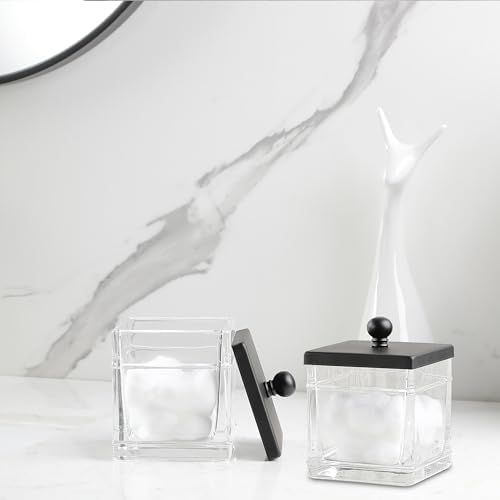 Glass Cotton Jar Holder 2 Pack– Matte Black Lid, Elegant Bathroom Storage Canister for Qtips, Cotton Balls, Floss, Makeup Organizer, Vanity & Bathroom Organization