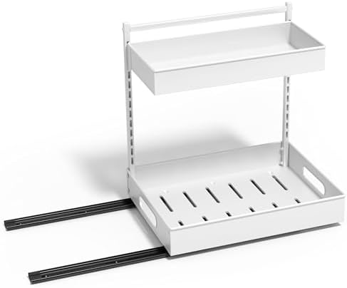 Sorbus Under Sink Organizer with Sliding Tracks – Pull Out Cabinet Organizer with Drawer & Installation Rails – Under Cabinet Bathroom Storage Organizer for Kitchen, Pantry, or Vanity –White 1 Pack
