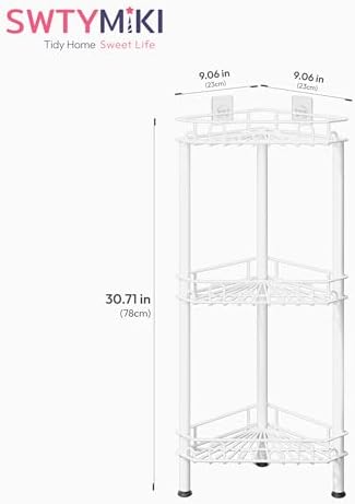 SWTYMIKI Standing Shower Caddy Corner - 3‑Tier Stainless Steel Shower Organizer Shelf with 12 Hooks and Adhesive Pads, Rustproof Corner Shelves Stand Rack for Bathroom Shower Room, white