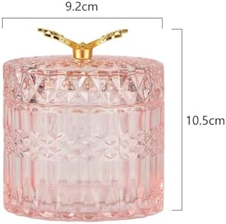 Glass Jewelry Jar with Lid, Cotton Swab Qtips Holder Dispenser Glass Candy Buffet Jar Small Glass Storage Jar Cute Butterfly Lids,Pink,Little