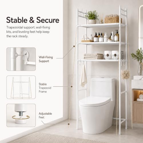 3-Tier Over the Toilet Storage,Metal Storage Rack Above The Toilet Storage Rack,Space Saver Freestanding Bathroom Shelve for Accommodate Toiletries and Daily Necessities (White)