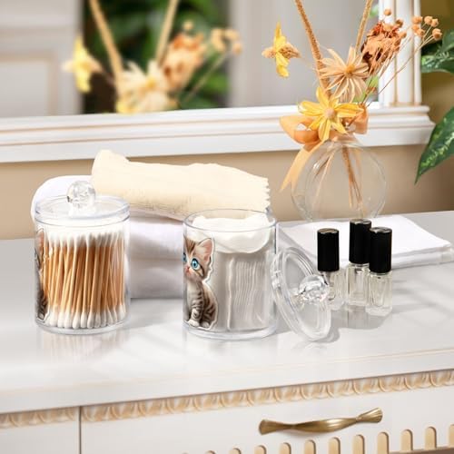 2 Pack Plastic Qtips Holder Cat Animal Cute Bathroom Organizer Canisters for Cotton Balls/Swabs/Pads/Floss,Plastic Apothecary Jars for Vanity