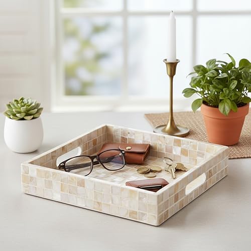 PEMAR 10" Mother of Pearl Catchall Tray for Coffee Table, Entryway, Nightstand. Square Serving Tray Wooden Luxury Decorative Handmade Eating Platters w Insert Handles (White Cream Squares Pattern)
