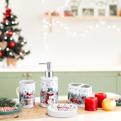 4 Pcs Christmas Ceramic Bathroom Accessories Gifts Xmas Bath Tumbler Xmas Tree Soap Dispenser Toothbrush Holder Soap Tray Merry Christmas Bathroom Decorations(Snowman)