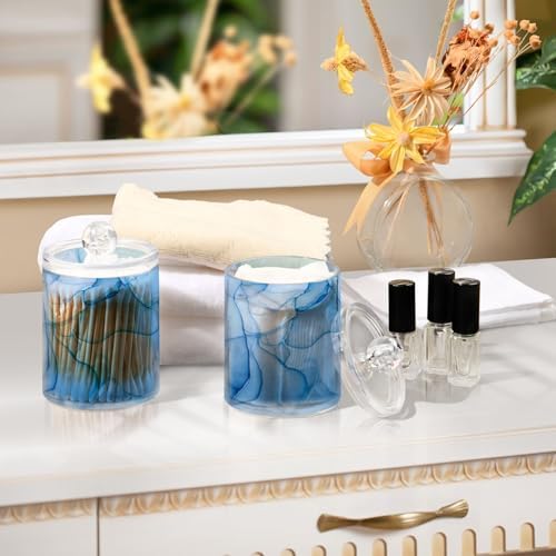 MNSRUU 2 Pack Qtip Holder Organizer Dispenser Blue Marble Fluid Art Bathroom Storage Canister Cotton Ball Holder Bathroom Containers for Cotton Swabs/Pads/Floss