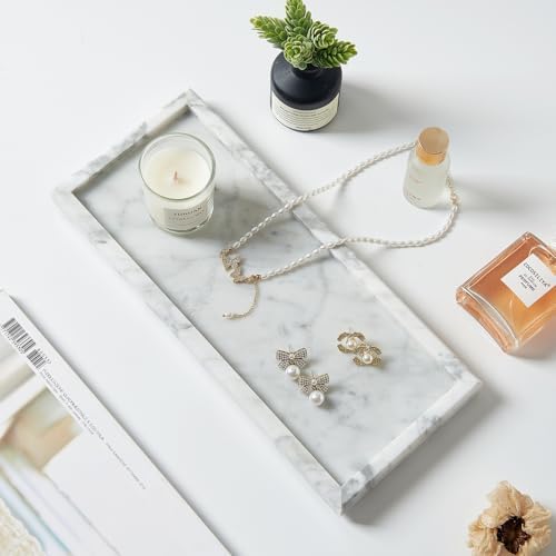 Natural Marble Vanity Tray, Stone Organizer for Bathroom & Kitchen