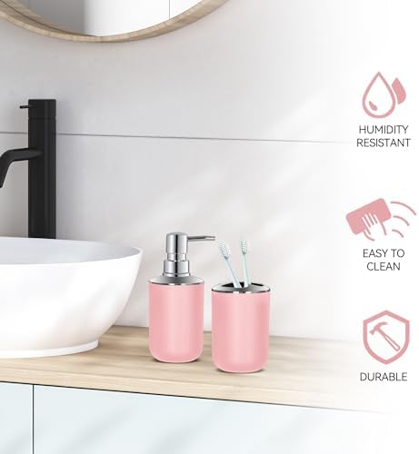 Pink Bathroom Accessories Set 2 PCS, Soap Dispenser and Toothbrush Holder