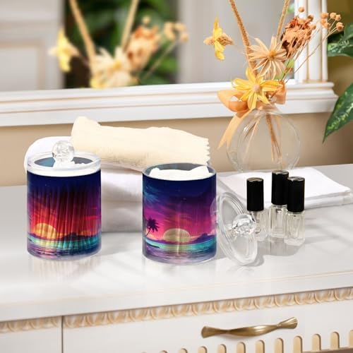 2 Pack Qtip Holder Organizer Dispenser Palm Tree Beach Tropical Bathroom Storage Canister Cotton Ball Holder Container for Cotton Pads/Swabs/Floss