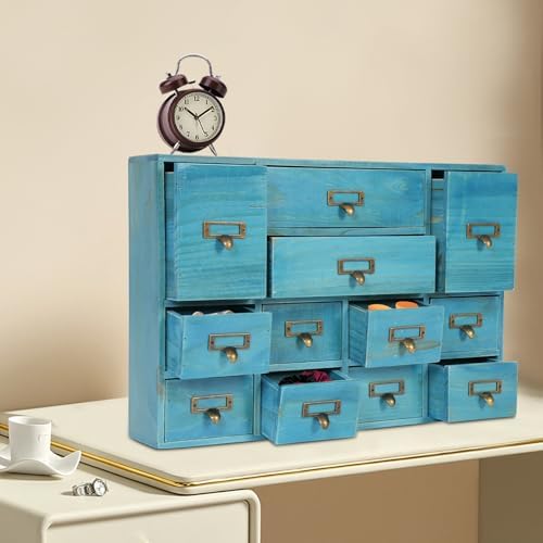 12 Drawers Apothecary Cabinet Library Card Catalog Cabinet Card Catalog Drawer with Metal Handles & Label Slot Wooden Desk Drawer Organizer for Herb Storage, Tea Collection (Blue)