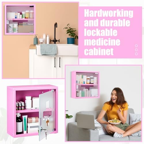 Timgle First Aid Wall Cabinet with Lock Medicine Wall Mounted Bathroom Storage Hanging Medical Cabinet with Safety Glass Door for Bathroom (2 Shelves,Pink)