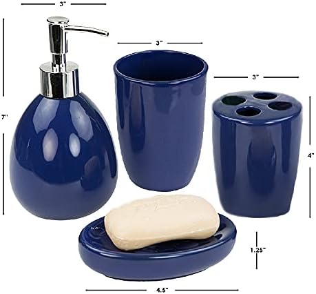 4-Piece Ceramic Bathroom Set (Navy), By Home Basics | Contemporary Design Bathroom Sets | Bath Accessories For Bathroom | Includes Soap Dish, Tumbler, Toothbrush Holder, and Lotion Dispenser