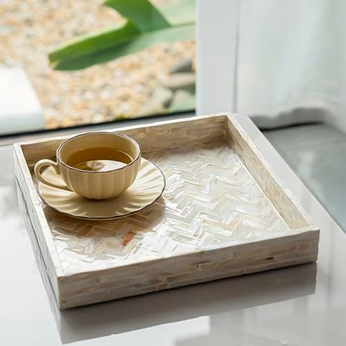 PEMAR 11" Square Mother of Pearl Decorative Tray - Herringbone Shell