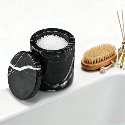 Black Natural Marble Storage Jar with Lid, 3 Inch Dia 3.5 Inch Ht Elegant Stone Canister, Damp-Proof Cosmetic Container for Cotton Swabs, Jewery, Bathroom Jar