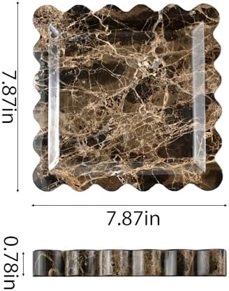 Scalloped Square Marble Decorative Tray, Natural Stone Vanity & Jewelry Tray, Trinket Organizer for Ring, Key, Dresser, Nightstand, Bathroom Counter & Kitchen Sink(Dark Brown Net)
