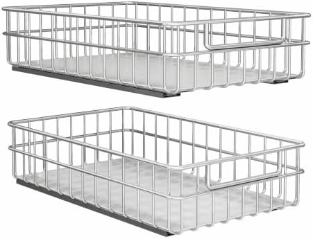 Pull out Cabinet Organizer, Stainless Steel 2-Pack (11.8"W x 21"D) Full-Extension Slide out Drawer, Adhesive Roll out Can Spice Storage Basket Shelf Rack for Pantry, Kitchen, Bathroom, Home Closet