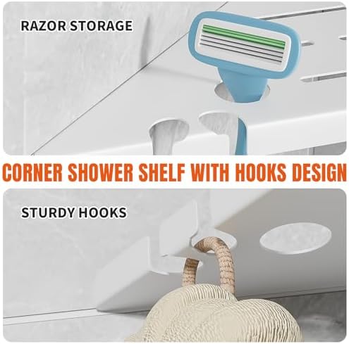 Corner Shower Shelves with Razor Hole & Hooks, Modern Sturdy Shower Shelves