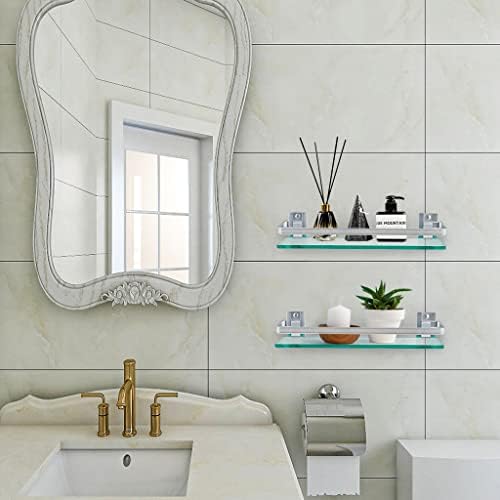 2-Pack Tempered Glass Bathroom Shelf with Rail, 15" x 4.5" Rectangular Shower Caddy, Wall Mounted Floating Shampoo Holder for Lavatory, Kitchen, Living Room