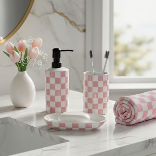 Bathroom Toothbrush Holder Set, Ceramic Soap Dispenser and Tooth Brush Holder Set, Bathroom Accessories Sets Countertop, Girly Pink Checkered Bathroom Decor for Girls Women