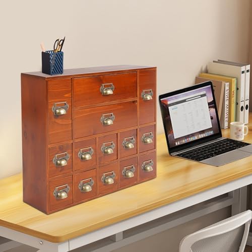 Apothecary Cabinet with 14 Drawers Library Card Catalog Cabinet Card Catalog Drawer with Metal Handles & Label Slot Wooden Desk Drawer Organizer for Herb Storage, Tea Collection (Old Brown)