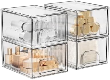 ZHIAI 4 Pack Clear Stackable Storage Drawer, Acrylic Drawer, Cosmetic Organizer, Plastic Organizer for Dresser, Under, Kitchen Cabinet, Pantry, Home Organization and Storage