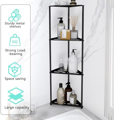 Standing Corner Shower Caddy, 4 Tier Stainless Steel Organizer Stand, Rustproof Shelves for Inside Shower, Black