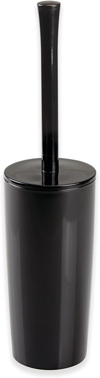 mDesign Slim Plastic Toilet Bowl Brush and Holder Set, Modern Compact Storage Organizer Cleaner Scrubber for Toilet - Heavy Duty Cleaning Plunger for Bathroom, Aura Collection - Black