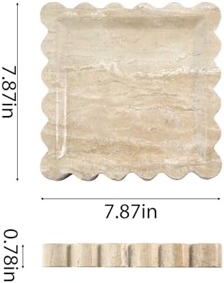 Scalloped Square Marble Decorative Tray, Natural Stone Vanity & Jewelry Tray, Trinket Organizer for Ring, Key, Dresser, Nightstand, Bathroom Counter & Kitchen Sink(Beige Travertine)
