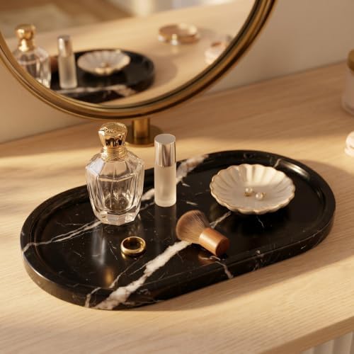 YKAJO Nero Marquina Oval Marble Tray, 11.8x5.9 Vanity Perfume Organizer