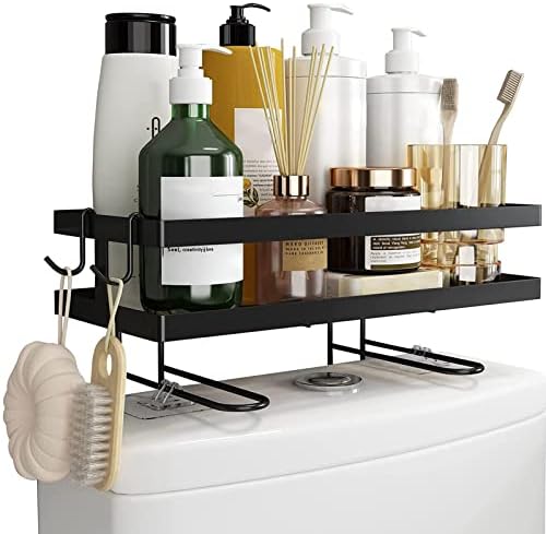 Bathroom Toilet Tank Storage Rack No Drill Iron Toilet Organizer Shelf Space Saving Black Toilet Storage Stand for Home Washroom
