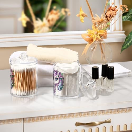 Fustylead 2 Pack Cute Unicorn with Purple Long Mane and Flower Plastic Apothecary Jars with Lid, Bathroom Vanity Storage Organizer Canister for Qtip, Cotton Ball, Swab, Round Pads, Floss