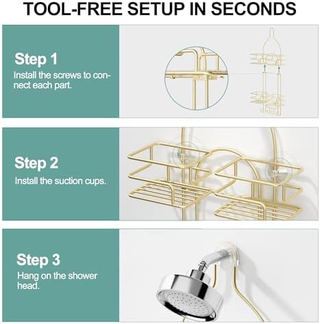 SRIWATANA Shower Caddy Hanging, Shower Organizer with Razor Hooks, Gold