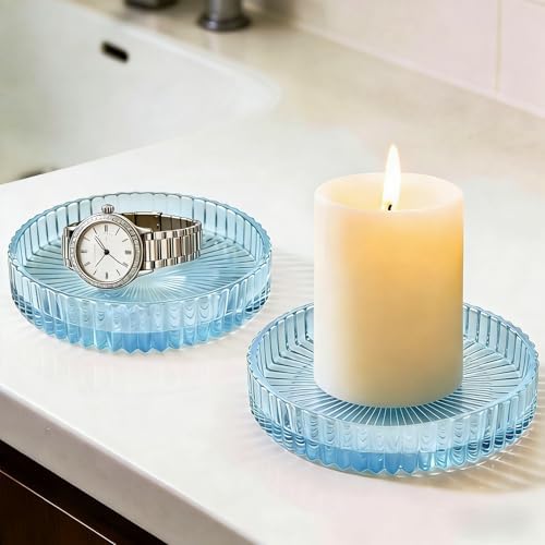 Glass Qtip Dispenser 2 Pack, Clear Bathroom Storage Organizer for Cotton Swabs, Balls, Pads & Floss Picks, Vanity Makeup Essential Accessories (Blue)