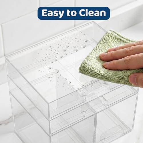 Baby Bottle Organizer Stackable, 4 Pack Clear Stackable Storage Drawers with 3 Stickers & 1 Pen, for Stationery, Cosmetics, Bathroom, Vanity, Countertop & Cabinet ((7.7’’ and 3.4’’Tall)