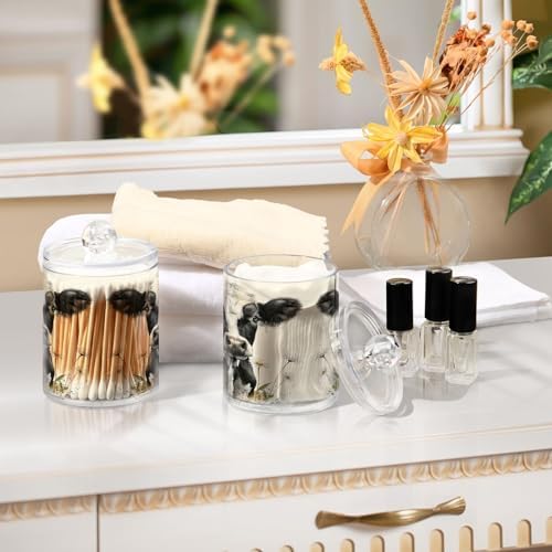 Watercolor Cow Qtip Holder 4 Pack - 10 Oz Clear Plastic Apothecary Jar Set for Bathroom Organization - Versatile Canister Storage for Cotton Balls, Swabs, Rounds