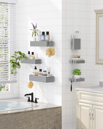 Kitsure Large Shower Caddy - Adhesive 6-Pack Bathroom Shelves, Silver