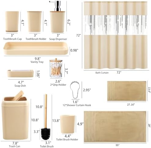 Beige Bathroom Accessories Set with Sequin Shower Curtain Beige Bathroom Decor with Trash Can,Toothbrush Holder, Toothbrush Cup,Soap Dispenser, Tray, Soap Dish,Toilet Brush