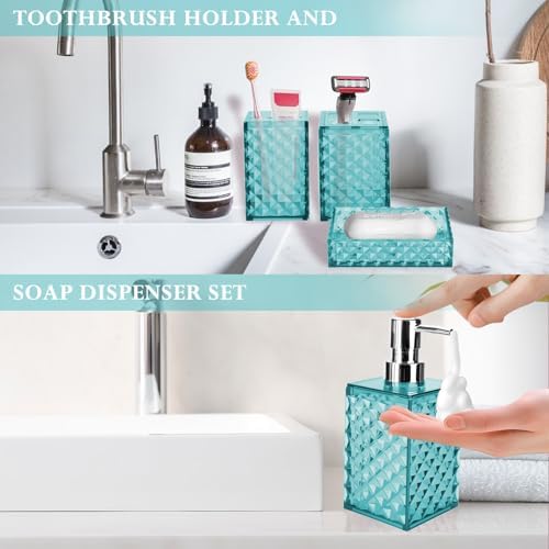 Bathroom Accessory Set, Grid Pattern 4 Pcs Plastic Bathroom Set, Teal Blue