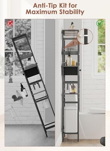 Over The Toilet Storage with 2 Drawers - 7 Tier Bathroom Organizer with Adjustable Shelf, Freestanding Space Saver Storage Rack Above Toilet Stand with Hooks for Small Restroom, Laundry(Black)