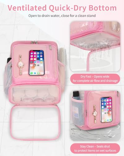 CUBETASTIC Mesh Shower Caddy Bag Portable - Large Capacity Shower Bag with Waterproof Phone Pocket & Sturdy Hook, Dorm Shower Caddy for Travel, Gym, College Essentials for Women & Men (Pink, M)