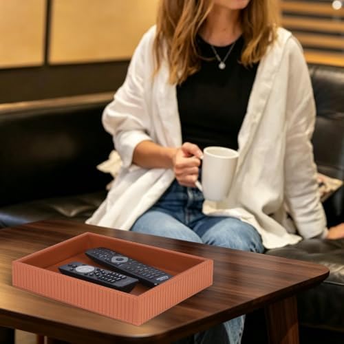 HofferRuffer Faux Leather Vanity Tray, Elegant Desktop Storage Organizer, Decorative Catchall for Perfume, Bathroom Valet, Nightstand or Dresser, 10.2 x 8.4 x 1.8 inches (Brown Stripe)