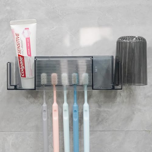 5 Slots Wall Mount Toothbrush Holder with Cover, Self Adhesive Toothbrush Storage Organizer for Shower, Toothpaste & Toothbrush Hanger for Bathroom, Medicine Cabinet, Dorm (Gray Large)
