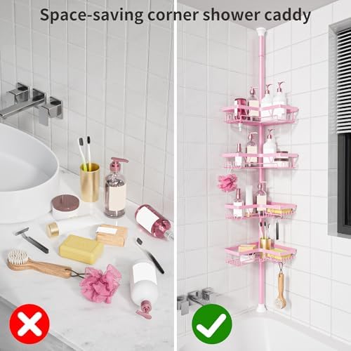 KEGII Corner Shower Caddy Tension Pole, Bathtub Shelf, Pink