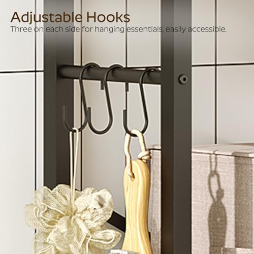 YATINEY 2-Tier Over The Toilet Storage, Multifunctional Vertical Over Toilet Bathroom Organizer, Freestanding Bathroom Storage Shelves with Hooks, Bathroom Organizer, Rustic Brown and Black TR01BR