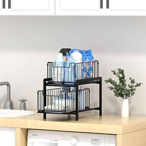 NPPLUS 2 Tier Black Under Sink Organzier With Sliding Drawer