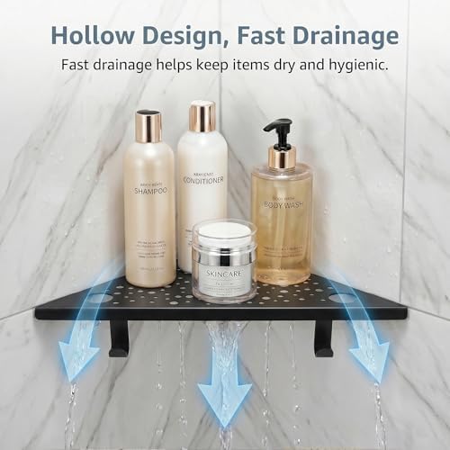 HIDROP Matte Black Corner Shower Shelves with Hooks and Razor Holes, 2 Pack
