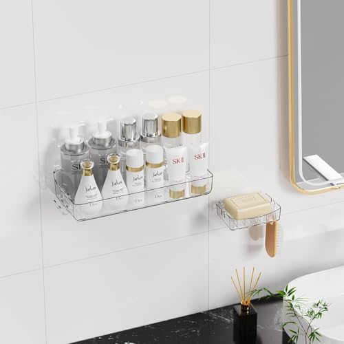 Sotfamily Crystal-Clear Shower Caddy with Soap Dish & Adhesive Pads, 2 Pack