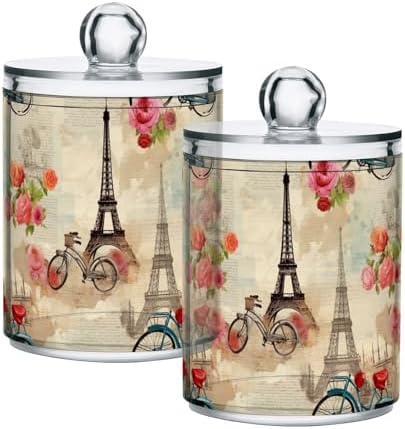 4 Pack Qtip Holder Dispenser with Lids, Eiffel Tower Bicycle Plastic Storage Containers, Bathroom Canisters Organizer for Cotton Swab, Cotton Round Pads, Floss 21215271